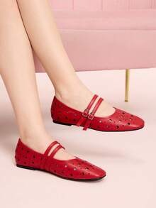 CUCCOO DOLLMOD Giày nữ màu đỏ khoét rỗng, kiểu Mary Jane thoáng khí, thiết kế khóa đôi, giày bệt thoải mái kiểu retro dành cho công sở. - Đỏ - Xem 7