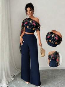 Elenzga Women's Elegant French Style Asymmetric Collar Mesh Embroidered Flared Hem Top And Simple Long Pants 2-Piece Set, Suitable For Daily Wear, Spring/Summer - Navy Blue - View 1