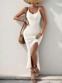Breezaya 女士纯色开衩设计优雅收腰派对针织吊带裙 - 白色 - 查看 3