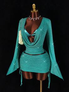 Amplova Women's Sexy 2 Pieces Set, Suitable For Party, Long Sleeve Top With Bra Cup And Mini Skirt, Autumn/Winter - Blue - View 7