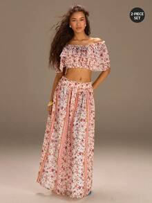 Athîral 女士度假休闲碎花露肩荷叶边短款上衣和迷你裙两件套 - 彩色 - 查看 4