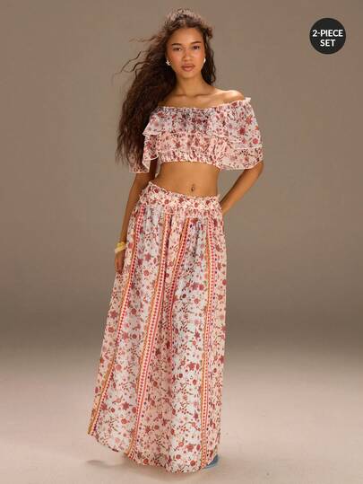 Athîral 女士度假休闲碎花露肩荷叶边短款上衣和迷你裙两件套