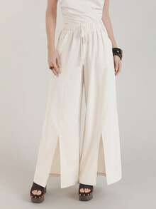 CielaLinda Women Linen Pants Casual Elegant Vacation Pants Slit Front Pants - Apricot - View 3