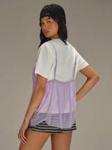 Athîral 女士休闲度假针织白色紫色花卉印花网眼T恤上衣，春夏款 - 淡紫色 - 查看 2