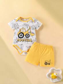 SHEIN Bộ áo liền quần và quần short in hình ô tô hoạt hình dễ thương cho bé trai, thích hợp cho mùa xuân/hè. - Nhiều màu - Xem 3