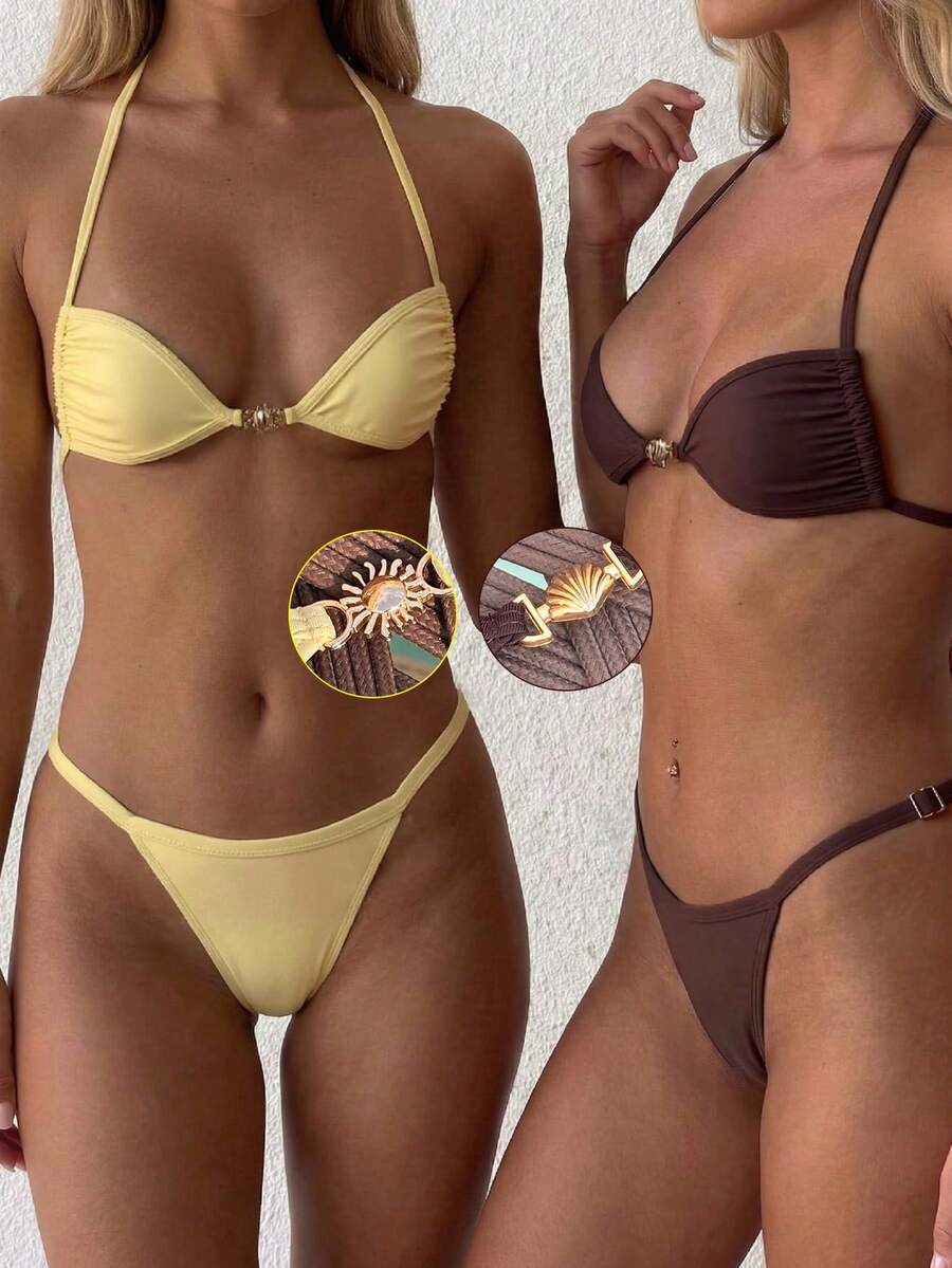 Costavie Bộ bikini 4 món buộc dây cổ trang trí vỏ sò - Nhiều màu - Xem 1