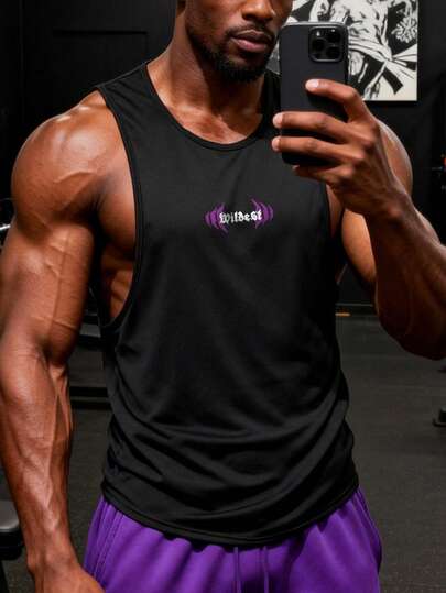 GymBeat 男士字母印花运动背心，150克透气面料