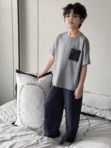 Dazy Kids Tween Boy Plaid Short Sleeve Top And Pants Pajama Set - Grey - View 3