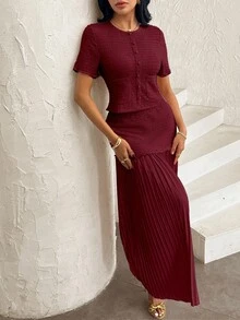 Modelyn Women's Elegant Pink Textured Short Sleeve Jacket And Pleated Skirt 2 Pieces Set - Burgundy - View 3
