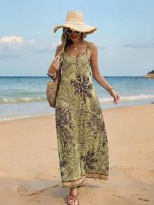 Swim Lushoire 女士夏季沙滩椰树印花V领半透明连衣裙 - 彩色 - 查看 4