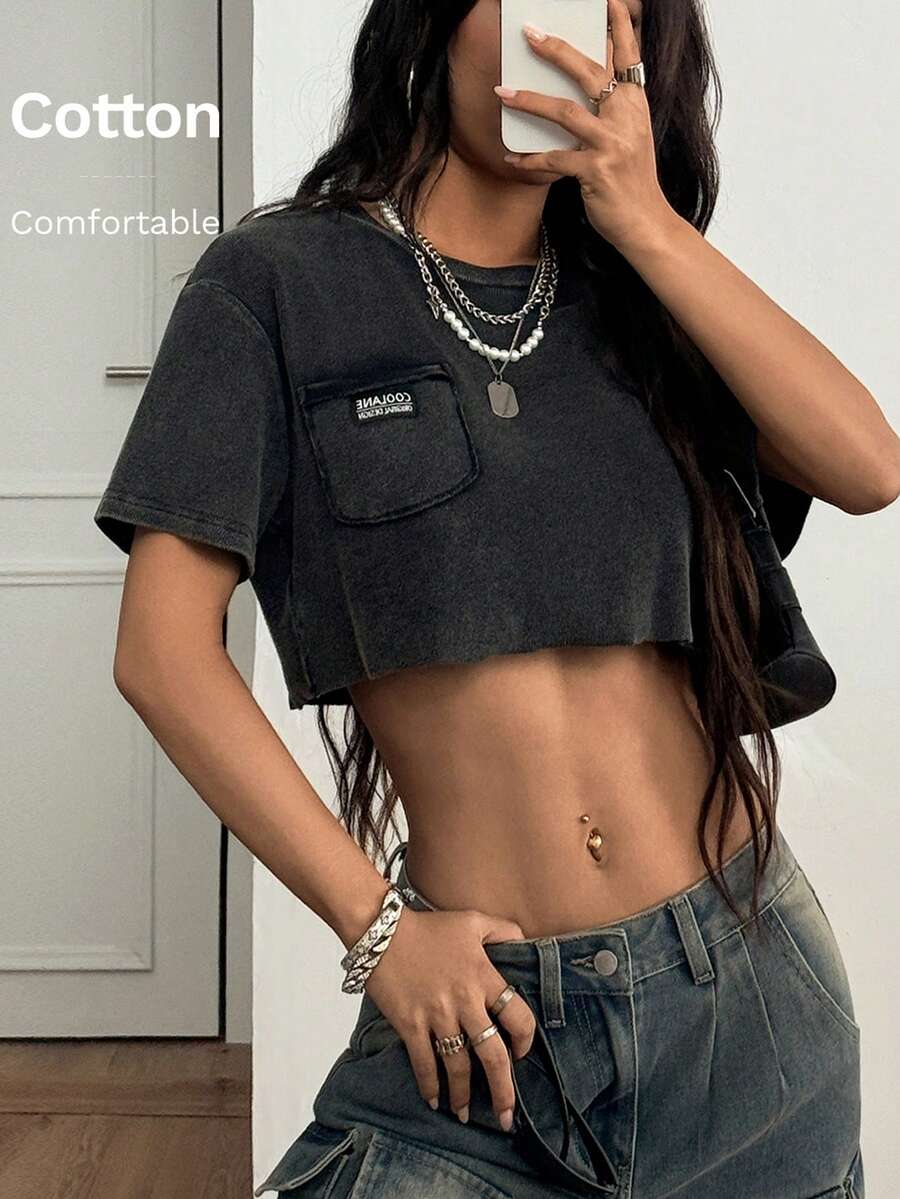 Coolane 女士加大码夏季节日街头风复古Y2K脏旧圆领短袖T恤 - 黑色 - 查看 1