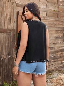 Ceyna Plus Size V-Neck Tie Beaded Tassel Ruffle Hem Sleeveless Jacket - Black - View 2