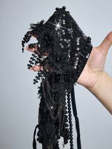 ROMWE Avant Fashionable Sexy 3D Floral Pearl Chain Decor Sequin Backless Halter Triangle Bikini Top - Black - View 10