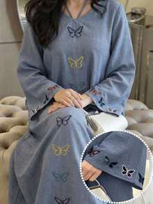 Al Najma Plus Size Women's Butterfly Embroidered Arabic Style Dress - Blue - View 5