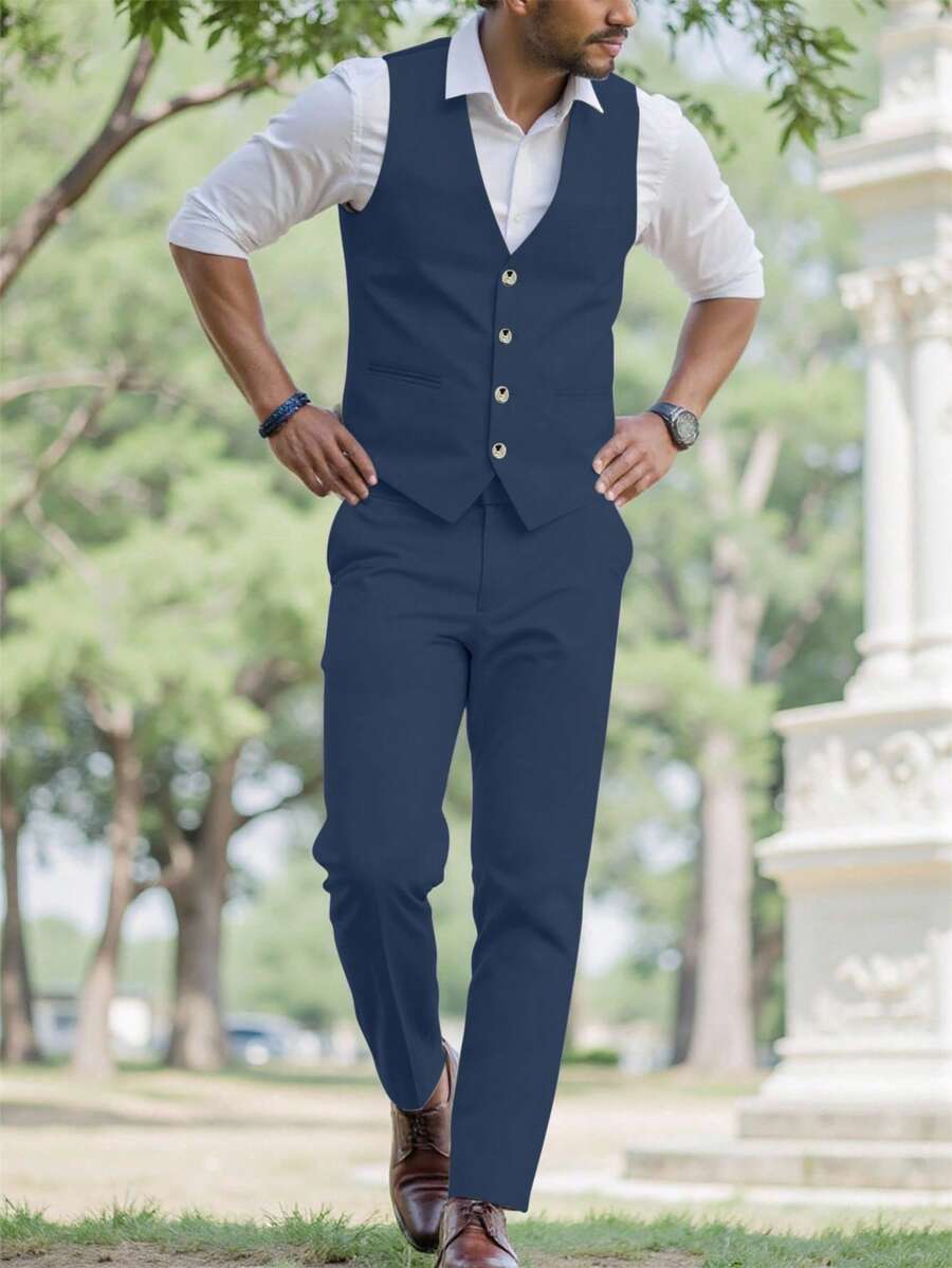 Manfinity Mode Men Business Formal Button Front Vest Suit Jacket And Tailored Pants And Men Vest Suit Clothing 2 Pieces Set - Navy Blue - View 1