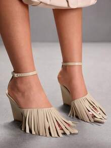 CUCCOO SZL Giày sandal cao gót đế xuồng thời trang thanh lịch dành cho nữ, có tua rua, thích hợp cho việc đi làm. - Màu be - Xem 7