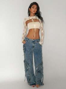 Jeanoix 女士蕾丝面料性感大胆前卫衬衫 - 杏色 - 查看 5