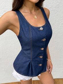 SHEIN U领纽扣前开襟无袖牛仔上衣，腰部收紧 - 深色水洗藍 - 查看 5