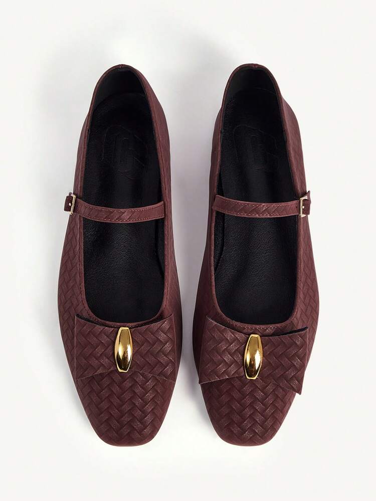 CUCCOO CHICEST Women Shoes Autumn Black Weave Square Toe Flat Shoes Metal Decorative Bow Shoes Wedding Shoes Summer Shoes Bride Shoes