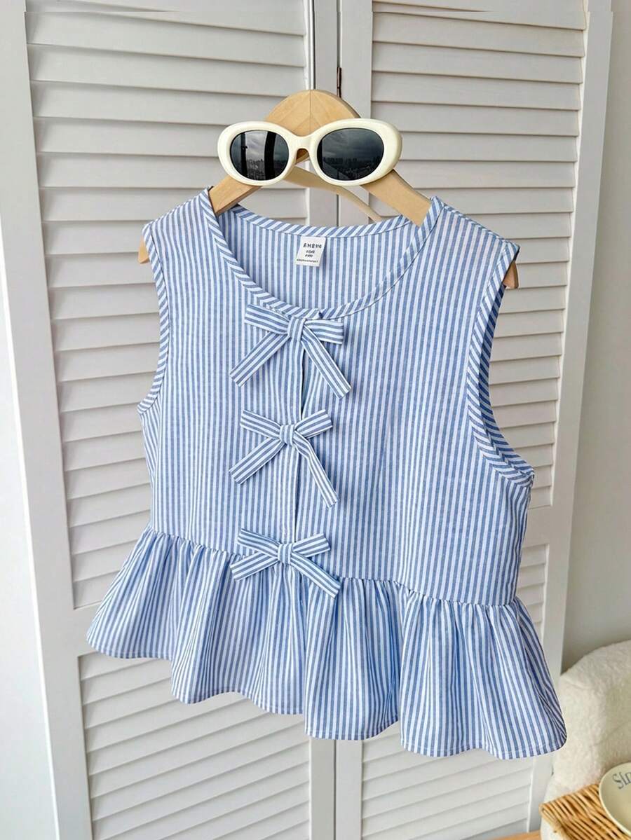 Tween Girls Cute Bow Tie Striped Camisole Top, Casual Everyday Versatile Wear Kids Peplum Top Girls Blue Bow Blouse Girls Peplum Top Girls Bow Top Girls Blue Striped Top Girls Blue Bow Top Kids Striped Top Kids Blue Shirt,Kids - Blue - View 1