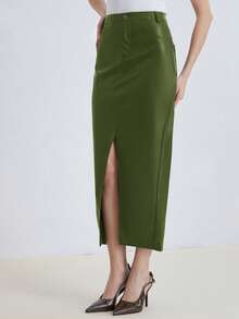Aveloria Modichic Women's Solid Color Pocket Button Slit Design Casual Versatile Date Outing Skirt - Army Green - View 4