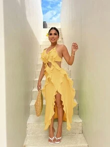 SHEIN SXY 大码女士性感露背系带荷叶边高开衩橙色连衣裙，适合早春、春夏、雨林、海滩派对、海边度假、篝火晚会等场合，清凉轻盈，修身剪裁，穿着舒适，易于搭配，显瘦显瘦，凸显身材曲线。 - 黃色 - 查看 4