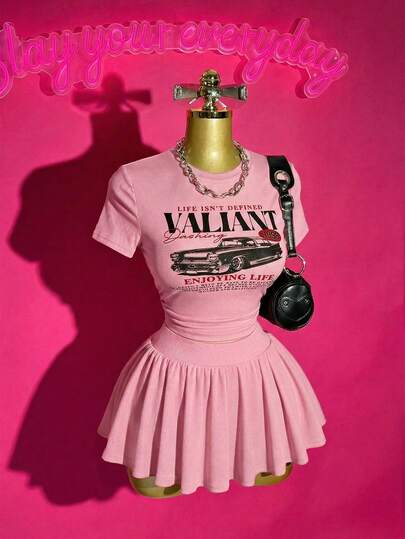 Slaydiva 2025 Spring/Summer New Bohemian Music Festival Casual Daily Beach Vacation Party Streetwear Sexy Sweet Cute Y2K White Textured Elastic Knit Fabric Black Retro Car Graphic Print Round Neck Short Sleeve Cropped Tight Tee Paired With White Elastic Waist Pleated Mini Skirt Shorts Skirt 2-Piece Set For Women