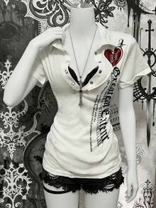 Lalippa Áo cardigan nữ tay ngắn cài nửa cúc, phong cách thường ngày, thời trang đường phố, in khẩu hiệu. - trắng - Xem 3