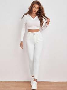 EMERY ROSE Quần jean đen dáng ôm cạp cao, túi xéo - trắng - Xem 5