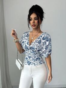 Elenzga 女士优雅印花修身收腰T恤，夏季 - 彩色 - 查看 3