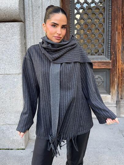 Marta Soriano 女士灰色条纹大衣（含配套围巾），秋冬新品，女士冬装
