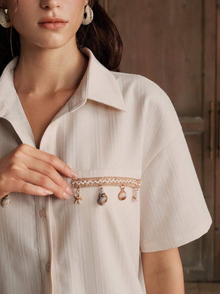 Apricot Vintage Design Seashell Tassel Strap Beach Casual Loose Shirt For Women, Summer
