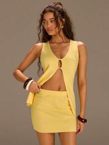 Athîral 女士休闲度假针织黄色开衫上衣和印花半裙两件套，春夏款 - 鵝黃色 - 查看 1