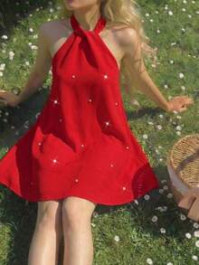 SHEIN Tween Girl Rhinestone Sparkly Diamante Bow Back A-Line Sleeveless Dress Elegant  Wedding Outfits - Red - View 7