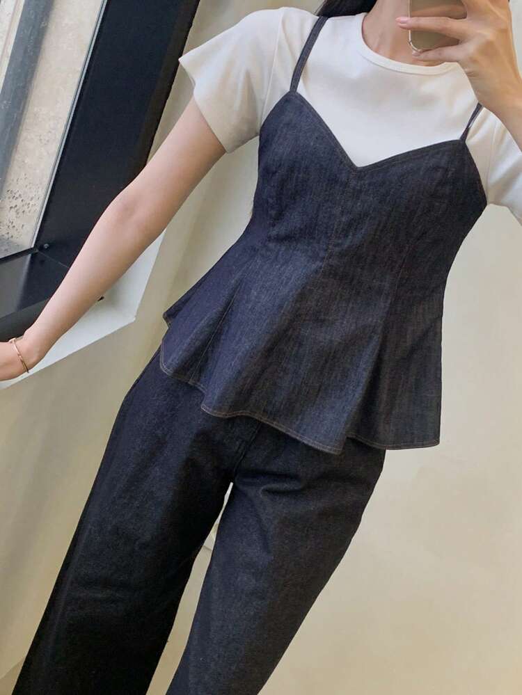 Women's Wavy Flared V-Neck Spaghetti Strap Denim Blouse