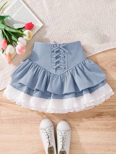 Váy ngắn xếp tầng màu trơn dệt kim cho bé gái, kiểu dây chéo, viền ren ép, thích hợp cho mùa tựu trường, giản dị và đa năng, nữ tính, ngọt ngào và cá tính, quần áo trẻ em gái, phối cùng áo sơ mi trắng, áo dài tay, váy dễ thương, thích hợp cho mùa tựu trường, mẹ và con gái & chị em gái mặc đồ ton sur ton.