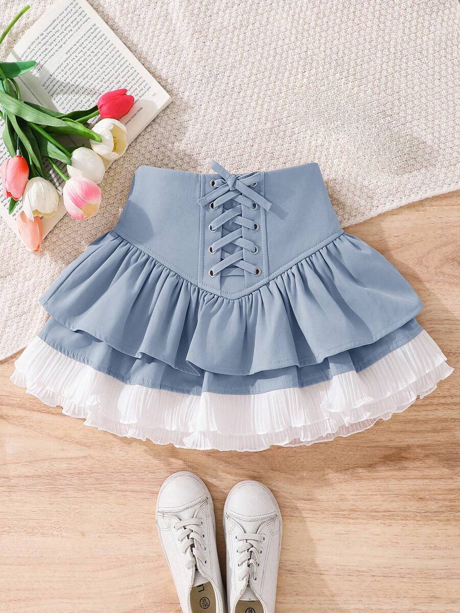 Young Girls Woven Solid Color Cross Straps Layered Cake Pressed Lace Trim Short Skirt,Back To School,Casual And Versatile, Ladylike, Sweet And Cool Girl,Young Girl Clothes, , Pairing White Shirt,Long Sleeve Tops,Cute Skirts,Back To School Season,Mom And Daughter & Sisters  Matching. Skirt With Leggings Girls Blue Kids 2 Piece Skirts 2piece For Girls Short Skirt Girl Light Blue Skirt Dusky Blue Skirts Girl,Kids - Baby Blue - View 1