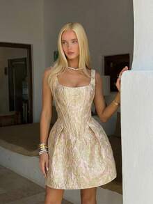 Vowa 优雅浪漫时尚的粉色提花缎面无肩带花卉装饰A字鸡尾酒会礼服、婚礼宾客礼服、黑色礼服、单身派对礼服、舞会礼服 - 淺粉色 - 查看 6