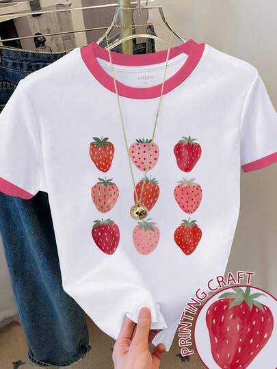 Resyla Damen Farbblock Erdbeermuster Kurzarm Lässig Rundhals T-Shirt