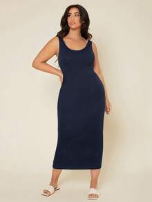EMERY ROSE Plus Solid Bodycon Casual Dinner Dating Dress - Navy Blue - View 7