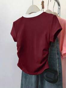 Camiseta ajustada de mujer con estampado de letras, silueta estilizante, estilo casual/al aire libre, nueva llegada de verano, color rojo - Burdeos 3 - Ver 2