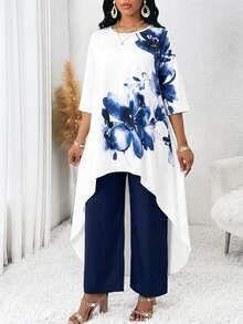 SHEIN Lady Plus Size Elegant Commuter Floral Print Long Top And Pants 2 Pieces Set - Multicolor - View 3