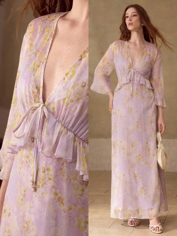 WOMEN'S ELEGANT ROMANTIC FLORAL PRINT LONG DRESS, SPRING/SUMMER