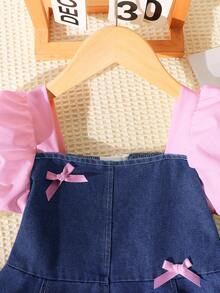 SHEIN Playful Pals 女童夏季韩版3D蝴蝶结牛仔连衣裙，适合女孩日常休闲穿着和上学穿着 - 粉色 - 查看 5