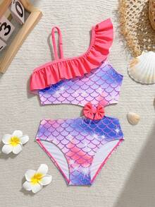 SHEIN 女童鱼鳞印花蝴蝶结荷叶边连体泳衣，适合游泳、夏季度假、海滩和海边穿着。 - 玫紅色 - 查看 2