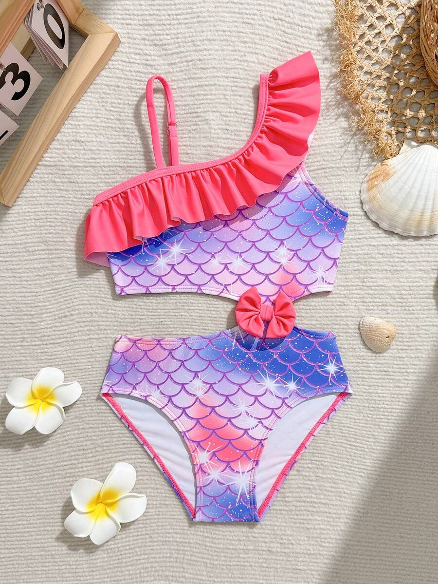 SHEIN 少女粉色美人魚魚鱗印花蝴蝶結荷葉邊連身泳衣,夏季海灘度假女孩泳裝彩色泳衣 - 玫紅色 - 查看 1