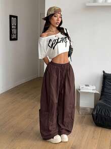 Coolane 女士春夏街头风休闲运动复古舒适宽松棕色长裤 - 棕色 - 查看 6