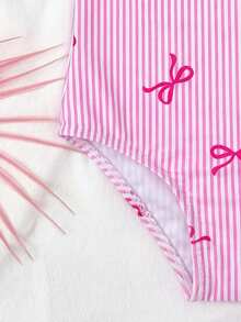 Emery Rose Kids Emery Rose Kids Young Girl Striped Bow & 3D Flower One-Piece Swimwear Toddler Girl Swim Suit Beach Outfit For Girls Toddler Beach Wear Young Girl Swimwear Bathing Suit - Pink - View 3