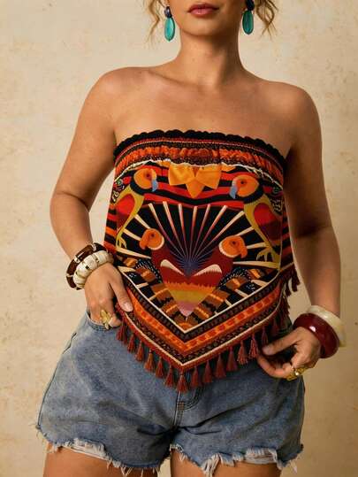 Travachic Top Bandeau Retrô Casual de Férias com Franjas para Mulheres Plus Size