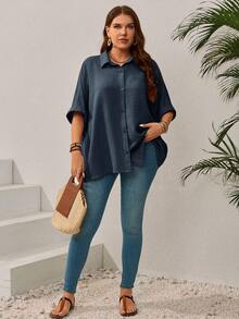 EMERY ROSE Plus Size Women's Solid Color Batwing Sleeve Loose Single-Breasted Casual Shirt,Vacation Outfits Woman,Summer Clothes Fall - Navy Blue - View 3